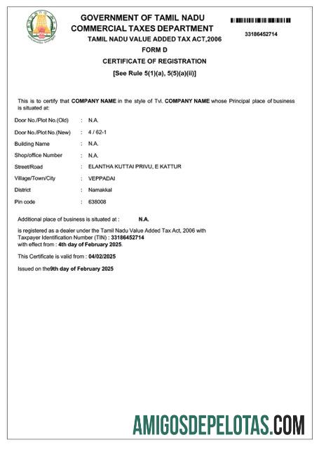 Em branco India Tamil Nadu VAT Registration Certificate Word And PDF modelo